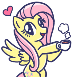 Size: 303x320 | Tagged: safe, edit, imported from derpibooru, fluttershy, pegasus, pony, :d, coffee, coffee mug, cropped, drink, feathered wings, female, heart, holding, line sticker, looking at you, mare, mug, open mouth, open smile, simple background, smiling, smiling at you, solo, steam, three quarter view, transparent background, wings