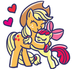 Size: 333x320 | Tagged: safe, edit, imported from derpibooru, apple bloom, applejack, earth pony, pony, ^^, apple sisters, applejack's hat, bow, cowboy hat, cropped, duo, duo female, eyes closed, female, filly, foal, full body, hair bow, hat, heart, hug, line sticker, mare, siblings, simple background, sisters, smiling, three quarter view, transparent background