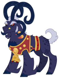 Size: 2870x3783 | Tagged: safe, artist:majorleaguegamintrap, artist:thanos246, imported from derpibooru, grogar, bell, dark skin, evil, fangs, g1, g1 to g4, generation leap, gold, grogar's bell, harness, hooves, horns, markings, red eyes, redesign, sash, simple background, tack, transparent background