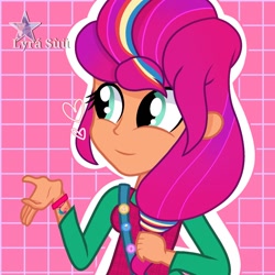 Size: 1280x1280 | Tagged: safe, artist:vanillapie10, imported from derpibooru, sunny starscout, human, equestria girls, abstract background, clothes, equestria girls-ified, female, g5, g5 to equestria girls, g5 to g4, generation leap, solo