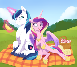 Size: 2423x2111 | Tagged: safe, artist:lummh, artist:maybehawthorn, imported from derpibooru, princess cadance, shining armor, alicorn, pony, unicorn, banana, basket, crown, duo, duo male and female, female, food, hoof shoes, horn, jewelry, levitation, magic, male, mare, open mouth, open smile, peytral, picnic, picnic basket, picnic blanket, princess shoes, regalia, sitting, smiling, smirk, stallion, style test, telekinesis, the princess of love test art, unshorn fetlocks