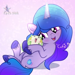 Size: 1280x1280 | Tagged: safe, artist:vanillapie10, imported from derpibooru, izzy moonbow, pony, unicorn, abstract background, blushing, cute, dialogue, duo, female, g5, g5 to g4, generation leap, gradient background, horn, hug, izzybetes, lying down, mare