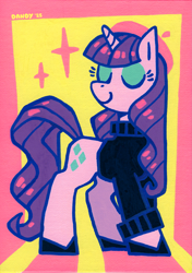 Size: 2945x4182 | Tagged: safe, artist:dandy, imported from derpibooru, rarity, pony, unicorn, acrylic painting, alternate hairstyle, beatnik rarity, beret, clothes, eyes closed, eyeshadow, hat, high res, horn, limited palette, makeup, shoes, solo, sweater, traditional art