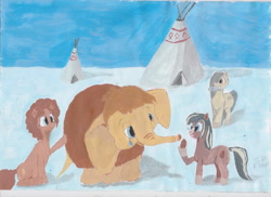 Size: 1510x1097 | Tagged: safe, artist:shitty painter, oc, oc only, oc:comfy cozy, oc:current seeker, oc:pine ponder, earth pony, fish, mammoth, pony, cheering, crying, female, gouache, mare, ornament, petting, sad, scenery, sky, snow, tent, traditional art, yakutian horse