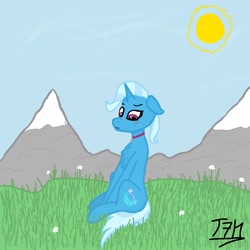 Size: 1280x1280 | Tagged: safe, editor:t7l11rrh, imported from derpibooru, trixie, pony, unicorn, blushing, chest fluff, cloud, collar, floppy ears, flower, grass, grass field, horn, mountain, outdoors, shy, sitting, snow, solo, sun