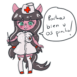 Size: 1050x1050 | Tagged: safe, artist:anykoe, imported from derpibooru, oc, oc:macdolia, earth pony, semi-anthro, blushing, chibi, cute, earth pony oc, female, hat, looking at you, nurse, nurse hat, nurse outfit, simple background, solo, spanish, speech bubble, syringe, talking to viewer, text, translated in the description, transparent background