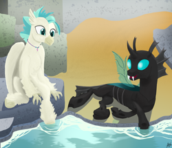 Size: 2300x1973 | Tagged: safe, artist:bjsampson, imported from derpibooru, terramar, thorax, changeling, hippogriff, detailed background, fangs, jewelry, lying down, necklace, open mouth, reflection, rock, sitting, smiling, unshorn fetlocks, water