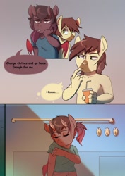 Size: 905x1280 | Tagged: safe, artist:devi_shade, imported from derpibooru, oc, oc only, anthro, dracony, dragon, earth pony, hybrid, pony, comic:sunny day (devi shade), changing room, clothes, coffee cup, comic, cup, dialogue, female, horns, male, shirt, speech bubble, t-shirt