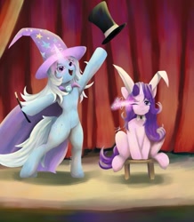 Size: 643x738 | Tagged: safe, artist:yenne_sistint, imported from derpibooru, starlight glimmer, trixie, pony, unicorn, action pose, couple, duo, duo female, female, females only, happy, horn, lesbian, looking at you, magic show, magic trick, open mouth, scenery, shipping, startrix