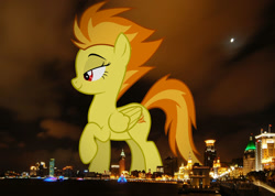 Size: 1500x1067 | Tagged: safe, artist:dashiesparkle, edit, editor:jaredking779, imported from derpibooru, spitfire, pegasus, pony, alternate eye color, attack on pony, china, evil, female, folded wings, giant pony, giantess, highrise ponies, irl, macro, mare, mega giant, mind control, photo, ponies in real life, raised hoof, red eyes, shanghai, smiling, solo, story included, wings, wrong eye color