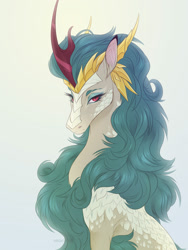 Size: 1500x2000 | Tagged: safe, artist:dementra369, imported from derpibooru, rain shine, kirin, beautiful, bust, crown, digital art, eyelashes, female, green mane, horn, jewelry, lidded eyes, long mane, looking at you, majestic, portrait, red eyes, regalia, scales, simple background, sitting, sketch, solo, white background