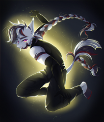 Size: 2000x2360 | Tagged: safe, artist:shinech9, imported from derpibooru, oc, oc only, oc:star nova, anthro, hybrid, zebra, zebroid, zony, braid, clothes, simple background, solo, tail