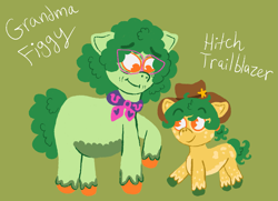 Size: 1969x1422 | Tagged: safe, artist:clovariia, imported from derpibooru, hitch trailblazer, earth pony, pony, 2025, clothes, coat markings, colt, colt hitch trailblazer, duo, duo male and female, female, foal, g5, glasses, grandma figgy, grandmother and grandchild, grandmother and grandson, green background, hat, looking down, male, mare, raised hoof, redesign, scarf, sheriff hat, simple background, smiling, tail, unshorn fetlocks, younger