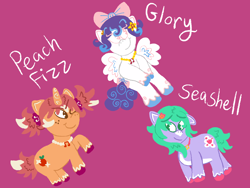 Size: 2048x1536 | Tagged: safe, artist:clovariia, imported from derpibooru, earth pony, pegasus, pony, unicorn, 2025, barette, bow, female, filly, flying, foal, g5, glory (g5), hair bow, horn, jewelry, necklace, one ear down, one eye closed, peach fizz, pippsqueak trio, raised hoof, redesign, seashell (g5), simple background, smiling, spread wings, tail, trio, trio female, unshorn fetlocks, wings, wink