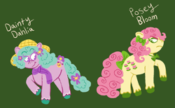 Size: 1785x1103 | Tagged: safe, artist:clovariia, imported from derpibooru, earth pony, pony, 2025, bow, clothes, dahlia, duo, duo female, female, frown, g5, green background, hair bow, hat, looking back, mare, posey bloom, raised hoof, redesign, scarf, simple background, smiling, tail, tail bow, unshorn fetlocks