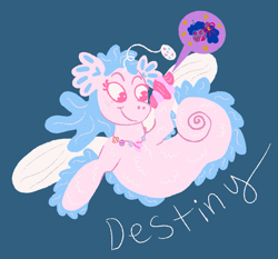 Size: 1459x1362 | Tagged: safe, artist:clovariia, imported from derpibooru, izzy moonbow, pony, seapony (g4), unicorn, 2025, blue background, destinizzy, destiny (g5), eyes closed, female, g5, heart, horn, jewelry, lesbian, mare, necklace, open mouth, open smile, phone, redesign, seashell, shipping, simple background, smiling, speech bubble, talking on the phone