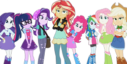 Size: 2048x1039 | Tagged: safe, edit, edited screencap, editor:pascalmulokozi2, imported from derpibooru, screencap, applejack, fluttershy, pinkie pie, rainbow dash, rarity, sci-twi, starlight glimmer, sunset shimmer, twilight sparkle, human, equestria girls, beanie hat, clothes, embarrassed, equestria girls specials, female, geode of empathy, geode of fauna, geode of shielding, geode of sugar bombs, geode of super speed, geode of super strength, geode of telekinesis, group, humane eight, humane five, humane seven, humane six, jacket, leather, leather jacket, magical geodes, my little pony equestria girls: mirror magic, not a vector, shoes, unamused