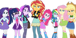 Size: 2048x1040 | Tagged: safe, edit, edited screencap, editor:pascalmulokozi2, imported from derpibooru, screencap, applejack, fluttershy, pinkie pie, rainbow dash, rarity, sci-twi, starlight glimmer, sunset shimmer, twilight sparkle, human, equestria girls, beanie hat, clothes, embarrassed, equestria girls specials, female, geode of empathy, geode of fauna, geode of shielding, geode of sugar bombs, geode of super speed, geode of super strength, geode of telekinesis, group, humane eight, humane five, humane seven, humane six, jacket, leather, leather jacket, magical geodes, my little pony equestria girls: mirror magic, not a vector, shoes, show accurate, unamused