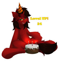 Size: 2702x2735 | Tagged: safe, artist:flapstune, imported from derpibooru, oc, oc only, oc:flaps tune, birthday, cake, chest fluff, ear fluff, fangs, female, fluffy, food, hat, looking at you, mare, party hat, signature, simple background, sitting, smiling, solo, spreading, transparent background, yellow eyes