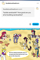 Size: 1178x1762 | Tagged: safe, artist:ask-luciavampire, imported from derpibooru, oc, earth pony, pegasus, pony, undead, unicorn, vampire, vampony, ask, beach, horn, sandcastle, tumblr