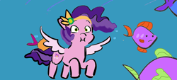 Size: 1600x720 | Tagged: safe, artist:salvatoredash, imported from derpibooru, pipp petals, fish, pegasus, pony, female, g5, holding breath, mare, solo, underwater, water