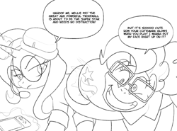 Size: 4500x3325 | Tagged: safe, artist:amaraburrger, imported from derpibooru, pinkie pie, trixie, oc, earth pony, pony, unicorn, shadow play, butt, butt touch, butthug, clothes, commission, dialogue, duo, duo female, eyebrows, faceful of ass, faic, female, fetish fuel, gamer, glasses, glowing, glowing cutie mark, glowing horn, headset, horn, hug, human to pony, levitation, looking back, magic, male to female, mare, my little pony, personal space invasion, pinkie hugging applejack's butt, post-transformation, raised eyebrow, rule 63, shirt, smiling, speech bubble, squishy, telekinesis, the great and powerful ass, transformation, transgender, transgender transformation, unamused, you know for kids