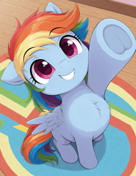 Size: 1344x1728 | Tagged: safe, imported from derpibooru, rainbow dash, pegasus, pony, ai composition, ai content, blank flank, carpet, chest fluff, cute, dashabetes, eyebrows, eyebrows visible through hair, female, filly, filly rainbow dash, foal, frog (hoof), from above, generator:zoinksnoob, grin, high angle, hnnng, indoors, looking up, prompter:tyto4tme4l, raised hoof, reaching, reaching up, smiling, solo, spread wings, underhoof, wings, younger