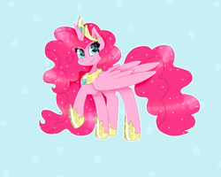 Size: 2500x2000 | Tagged: safe, artist:kathepart, imported from derpibooru, pinkie pie, alicorn, alicornified, clothes, collar, crown, ethereal mane, jewelry, looking at you, pinkiecorn, race swap, regalia, shoes, simple background, solo, starry mane, xk-class end-of-the-world scenario