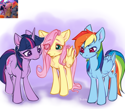 Size: 5096x4416 | Tagged: safe, artist:siatikas, imported from derpibooru, fluttershy, rainbow dash, twilight sparkle, pegasus, pony, unicorn, colored, female, folded wings, full body, horn, redraw, standing, trio, trio female, wings