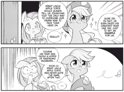 Size: 653x487 | Tagged: safe, artist:nekoshiei, imported from derpibooru, applejack, fluttershy, earth pony, pegasus, pony, my little pony: the manga, comic, female, manga style, mare, monochrome, my little pony: the manga - a day in the life of equestria vol. 1