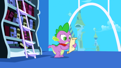 Size: 1920x1080 | Tagged: safe, imported from derpibooru, screencap, spike, dragon, friendship is magic, bookshelf, feather, ladder, letter, male, my little pony, paper, parchment, quill, solo, twilight's canterlot home, window