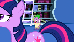 Size: 1920x1080 | Tagged: safe, imported from derpibooru, screencap, spike, twilight sparkle, dragon, pony, unicorn, friendship is magic, bookshelf, feather, horn, ladder, letter, male, my little pony, paper, parchment, quill, twilight's canterlot home, unicorn twilight