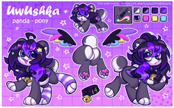 Size: 4000x2500 | Tagged: safe, artist:uwushka, imported from derpibooru, oc, oc:uwushka, bear, hybrid, panda, pony, butt, butt focus, clothes, collar, cutie mark, happy, paws, reference sheet, socks, stockings, thigh highs, wings