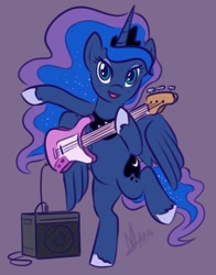 Size: 846x1080 | Tagged: safe, artist:makaryo, imported from derpibooru, princess luna, alicorn, pony, amplifier, bipedal, crown, electric guitar, ethereal mane, female, guitar, happy, hoof hold, jewelry, lidded eyes, mare, musical instrument, open mouth, open smile, playing guitar, purple background, regalia, simple background, smiling, solo, standing, standing on one leg, starry mane, starry tail, tail