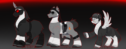 Size: 7000x2707 | Tagged: safe, artist:xekinise, imported from derpibooru, earth pony, pegasus, pony, unicorn, alternate horn, bandage, bandana, belt, clothes, coat, crossover, deimos, gloves, goggles, hank j. wimbleton, headphones, hook, horn, horseshoes, knife, madness combat, male, no eyes, ponified, sanford, scar, size difference, sunglasses, torn ear, visor cap