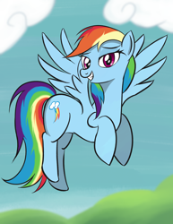 Size: 2550x3300 | Tagged: safe, artist:crimsonstride, imported from derpibooru, rainbow dash, pegasus, pony, clip studio paint, female, flying, hill, hooves up, looking at you, mare, my little pony, narrowed eyes, sky, solo