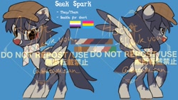 Size: 1920x1080 | Tagged: safe, artist:metaruscarlet, imported from derpibooru, oc, oc only, oc:seek spark, pegasus, pony, adoptable, blue background, clothes, ear piercing, english, folded wings, grin, hat, looking at you, nonbinary pride flag, pansexual pride flag, pegasus oc, piercing, pride, pride flag, pronouns, reference sheet, scarf, simple background, smiling, spotted, spread wings, text, wings