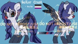 Size: 1920x1080 | Tagged: safe, artist:metaruscarlet, imported from derpibooru, oc, oc only, oc:sailor crest, pegasus, pony, adoptable, asexual pride flag, blue background, folded wings, freckles, looking at you, pegasus oc, pride, pride flag, pronouns, reference sheet, simple background, spread wings, wings