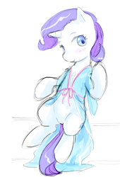 Size: 1545x2275 | Tagged: safe, artist:aquoquoo, imported from derpibooru, rarity, pony, unicorn, 3:, aside glance, blush scribble, blushing, closed mouth, clothes, cute smile, doodle, eyebrows, featureless crotch, female, full body, horn, looking at you, mare, raised hooves, robe, sideways glance, sitting, solo