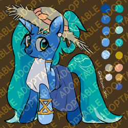 Size: 2048x2048 | Tagged: safe, artist:metaruscarlet, imported from derpibooru, oc, oc only, oc:sunshine swell, pony, unicorn, adoptable, bracelet, clothes, ear piercing, hat, horn, jewelry, obtrusive watermark, piercing, ribbon, simple background, skirt, solo, spotted, unicorn oc, watermark, yellow background