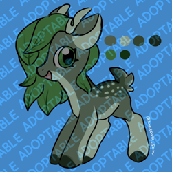 Size: 2048x2048 | Tagged: safe, artist:metaruscarlet, imported from derpibooru, oc, oc only, oc:willow leaf, deer, deer pony, hybrid, original species, pony, adoptable, blue background, deer horns, deer tail, horns, hybrid oc, obtrusive watermark, open mouth, simple background, solo, tail, watermark