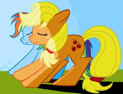 Size: 1097x840 | Tagged: safe, artist:sallycars, imported from derpibooru, applejack, rainbow dash, earth pony, pegasus, pony, 2013, blue sky, closed mouth, cloud, day, duo focus, eyes closed, female, full body, grass, grass field, mare, missing accessory, ms paint, old art, outdoors, pixel-crisp art, shadow, side view, sky, smiling, standing, sunlight