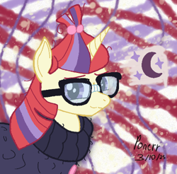 Size: 470x463 | Tagged: safe, artist:ponerr, imported from derpibooru, moondancer, pony, unicorn, background, blushing, cutie mark, glasses, horn, signature, solo