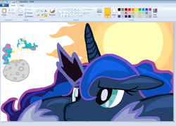 Size: 1128x808 | Tagged: safe, artist:sallycars, imported from derpibooru, princess celestia, princess luna, alicorn, pony, :<, art program in frame, chibi, close-up, closed mouth, cute, dot eyes, duo, duo female, feathered wings, female, floppy ears, flowing mane, frown, full body, hoof in air, horn, jewelry, lunabetes, lying down, mare, moon, ms paint, pixel-crisp art, pointing, prone, regalia, royal sisters, sad, sadorable, siblings, sisters, smiling, sparkles, sparkly mane, sparkly tail, spread wings, standing, sun, tail, three quarter view, tiara, wavy mane, wavy tail, wings