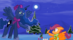 Size: 1662x920 | Tagged: safe, imported from derpibooru, princess luna, rainbow dash, scootaloo, alicorn, pegasus, bauble, blue eyeshadow, candle, christmas, christmas ornament, christmas tree, closed mouth, clothes, cookie, decoration, duo, duo female, eyeshadow, feather, feathered wings, female, filly, floppy ears, flowing mane, flowing tail, foal, food, full body, full moon, hat, heartwarming, holding, holiday, hoof hold, horn, jewelry, long horn, looking at each other, looking at someone, lying down, makeup, mare, moon, mountain, mountain range, ms paint, night, night sky, outdoors, pine tree, pixel-crisp art, plate, prone, regalia, santa hat, scarf, scenery, scootalove, side view, sky, smiling, smiling at each other, snow, sparkles, sparkly mane, sparkly tail, spread wings, standing, starry night, striped scarf, tail, teary eyes, three quarter view, tiara, tree, wings