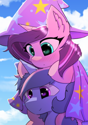 Size: 2894x4093 | Tagged: safe, artist:skylarty, imported from derpibooru, oc, oc only, oc:moondazzle, oc:sunshine sparkle, pony, brother and sister, cape, clothes, cloud, commission, cute, day, female, hat, male, outdoors, riding, riding a pony, siblings, sky, trixie's cape, trixie's hat