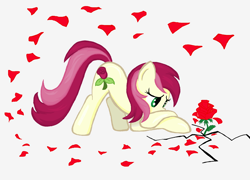 Size: 1848x1328 | Tagged: safe, artist:sallycars, imported from derpibooru, roseluck, earth pony, pony, ass up, background pony, crossed hooves, female, flower, frown, full body, gray background, green eyes, looking at something, mare, ms paint, petals, pixel-crisp art, rose, sad, side view, simple background, solo, video in description, yellow coat, youtube link in the description