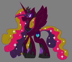 Size: 1802x1554 | Tagged: safe, artist:dazzlingmimi, imported from derpibooru, princess cadance, alicorn, pony, boots, clothes, crown, darkened coat, darkened hair, fangs, gray background, horn, jewelry, nightmare cadance, nightmare cadence, nightmarified, peytral, regalia, shoes, simple background, slit pupils, solo, sparkles, sparkly hair, spread wings, starry hair, tallerdance, tallerdence, tiara, wings