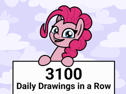 Size: 2048x1544 | Tagged: safe, artist:ewoudcponies, imported from derpibooru, pinkie pie, earth pony, pony, female, looking at you, mare, milestone, open mouth, open smile, sign, smiling, smiling at you, solo, text