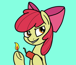 Size: 2048x1752 | Tagged: safe, artist:ewoudcponies, imported from derpibooru, apple bloom, earth pony, pony, bust, dynamite, explosives, female, filly, foal, grin, magnetic hooves, match, my little pony, simple background, sinister smile, smiling, solo, teal background, this will end in explosions